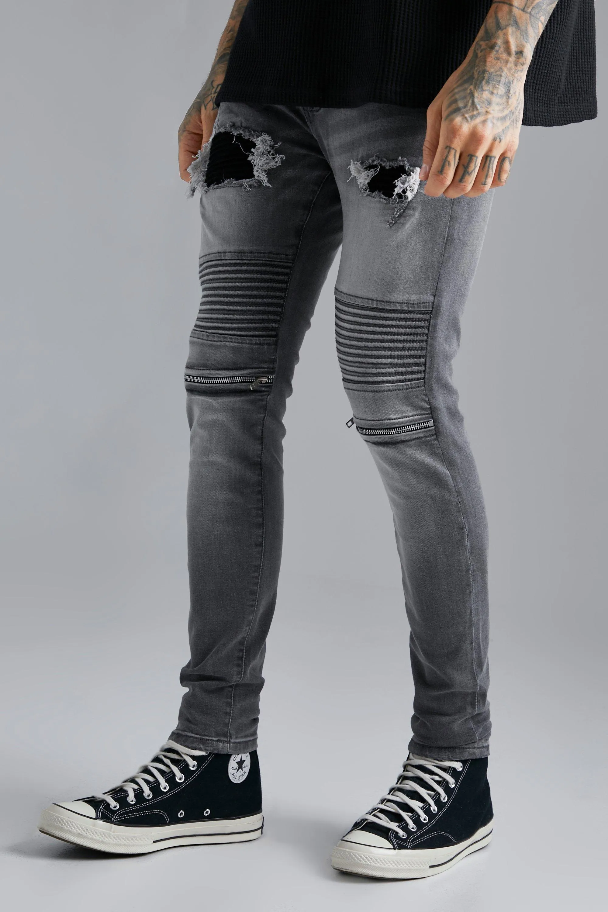 Skinny Stretch Ripped Biker Jeans With Zips