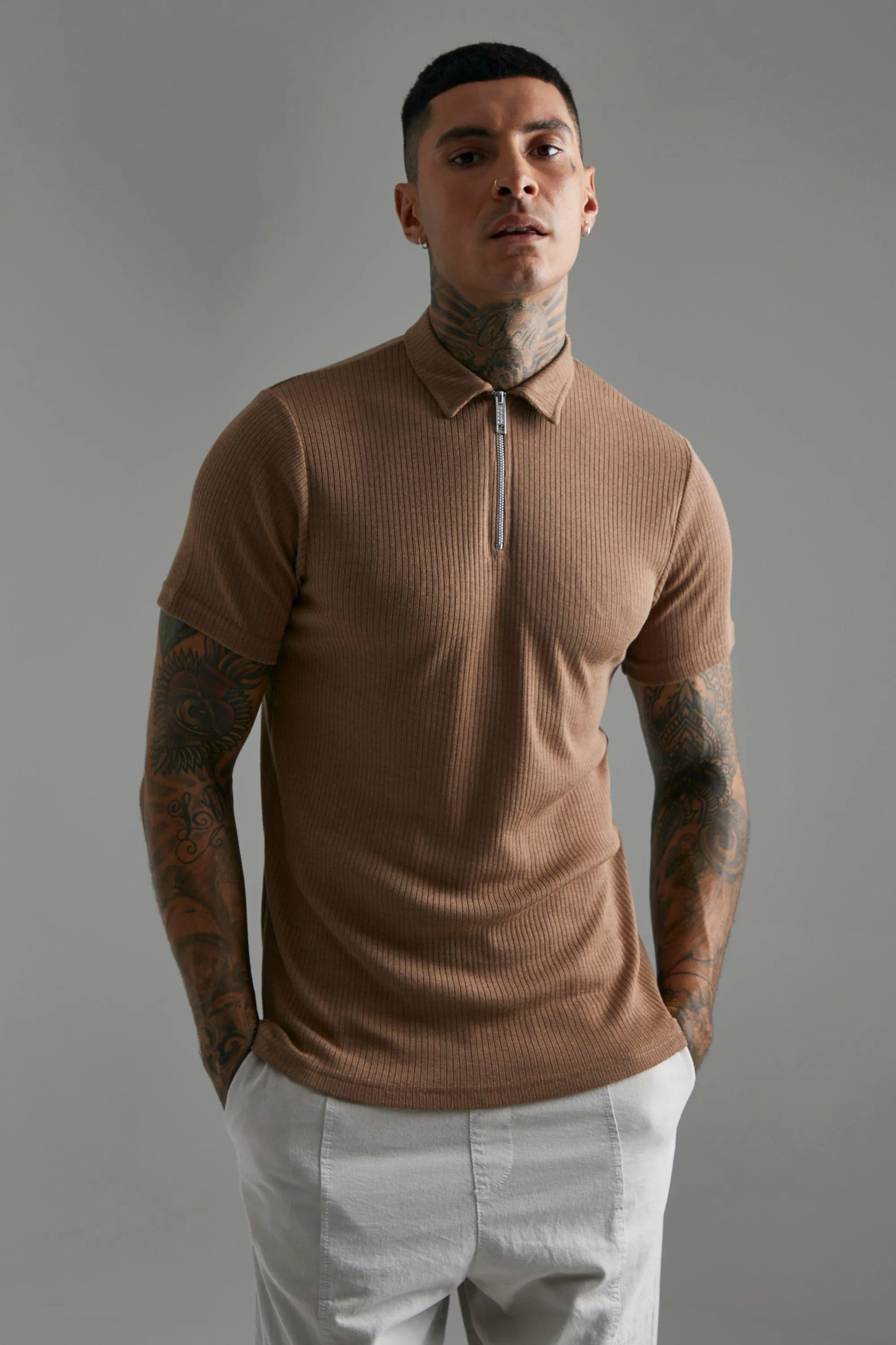 Smart Ribbed Zip Neck Polo