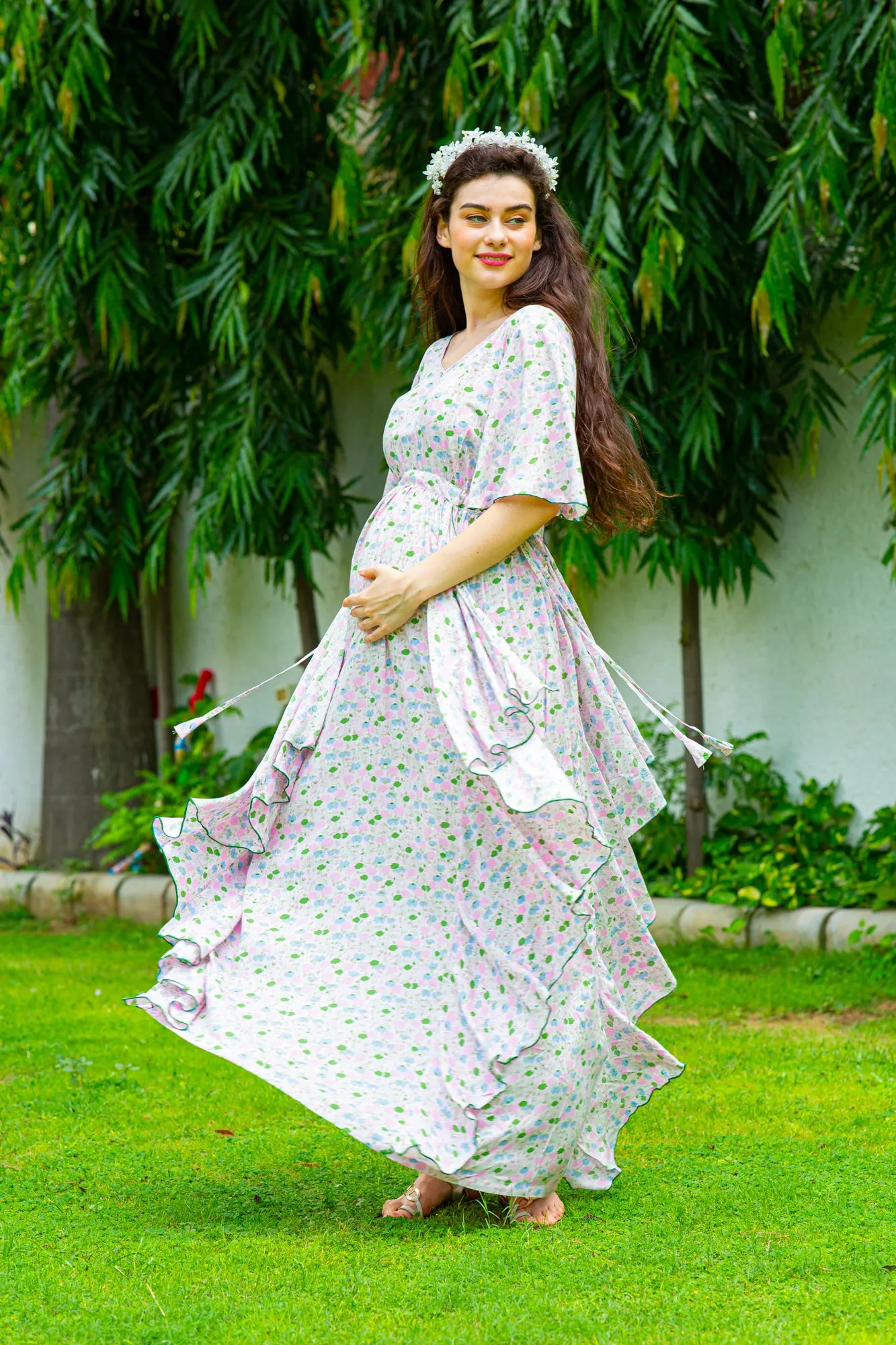 Soothing Pastel Floral Maternity Flow Dress