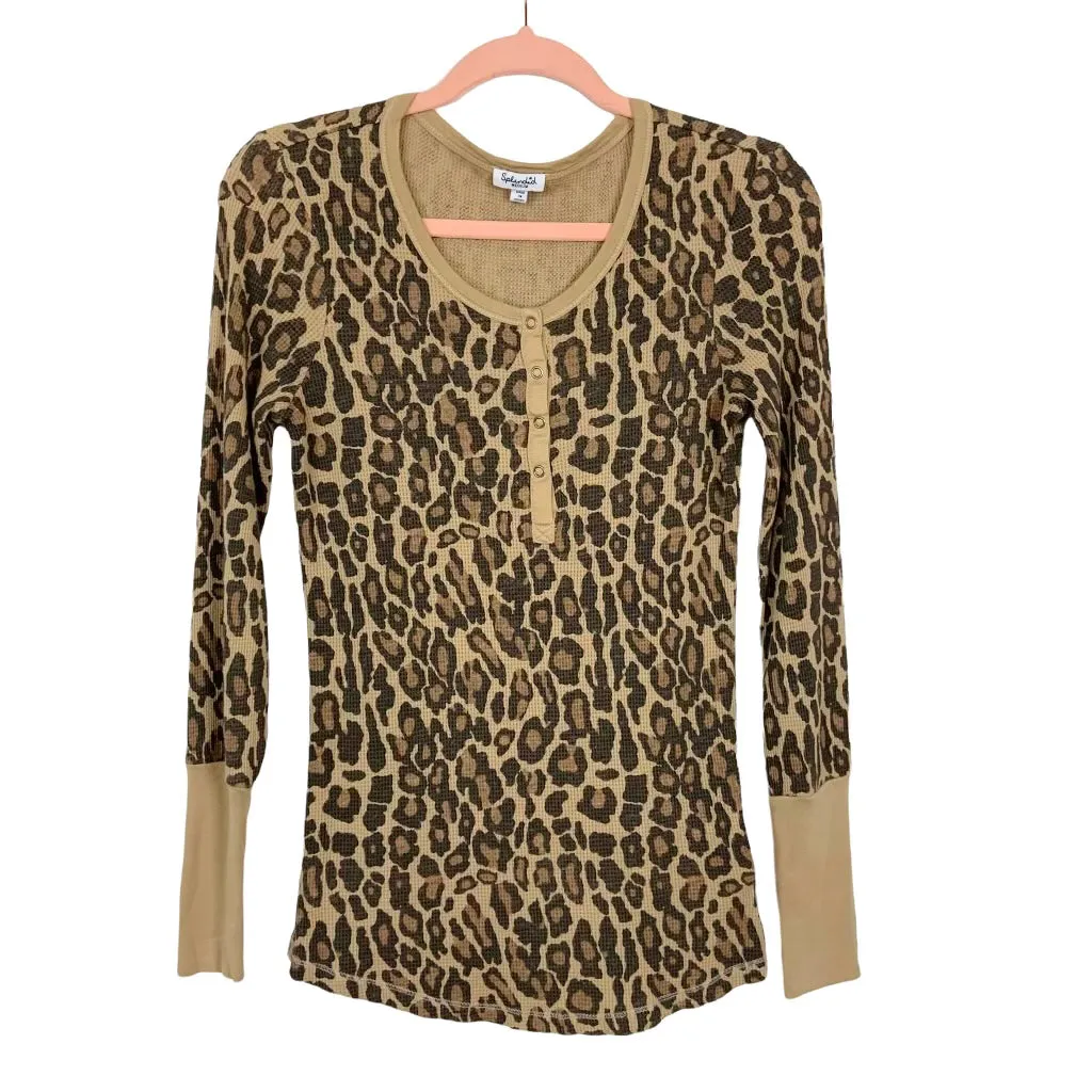 Splendid Tan/Brown Animal Print Thermal Henley Top- Size M