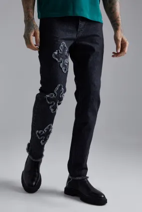 Straight Leg Raw Edge Applique Jeans