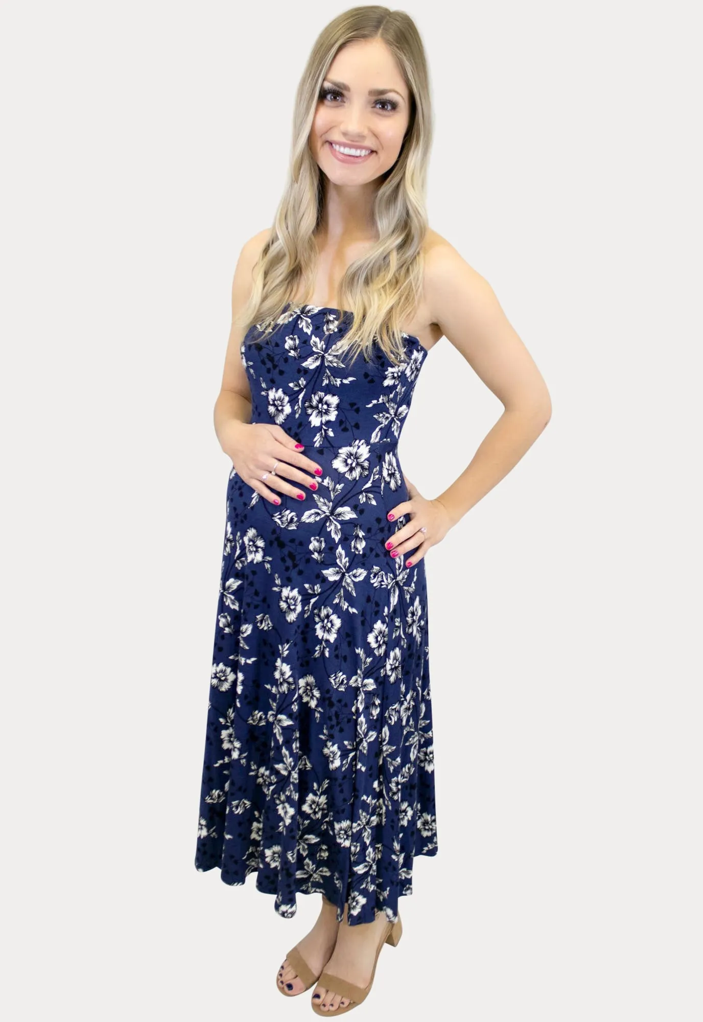 Strapless Floral Maternity Dress in Navy