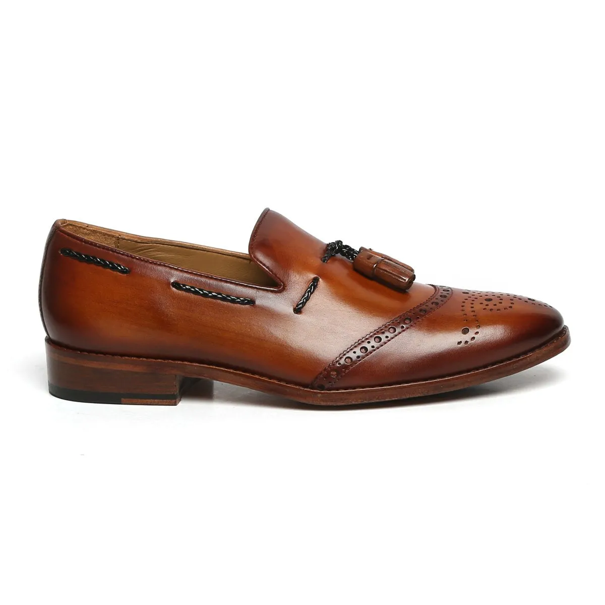 Tan Quarter Brogue Toe Tassel Leather Slip-On Shoes