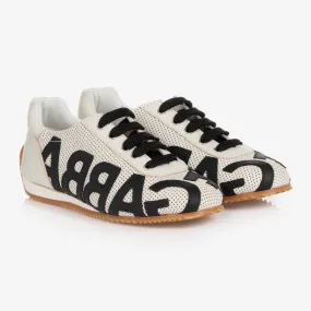 Teen Boys White & Black Leather Logo Trainers