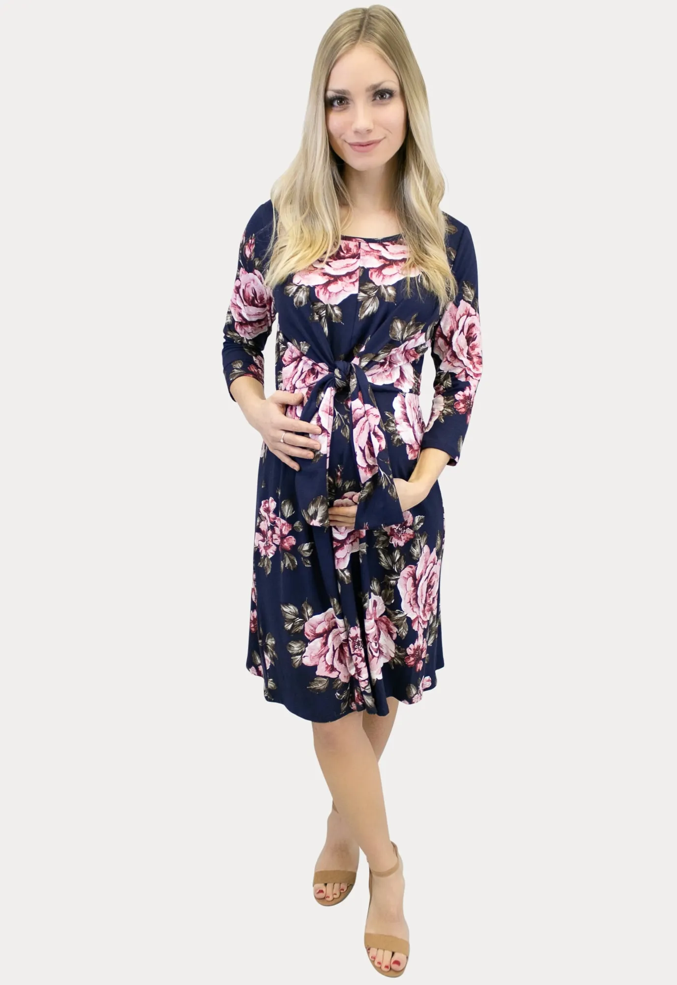 Tie Front Floral Maternity Dress in Navy