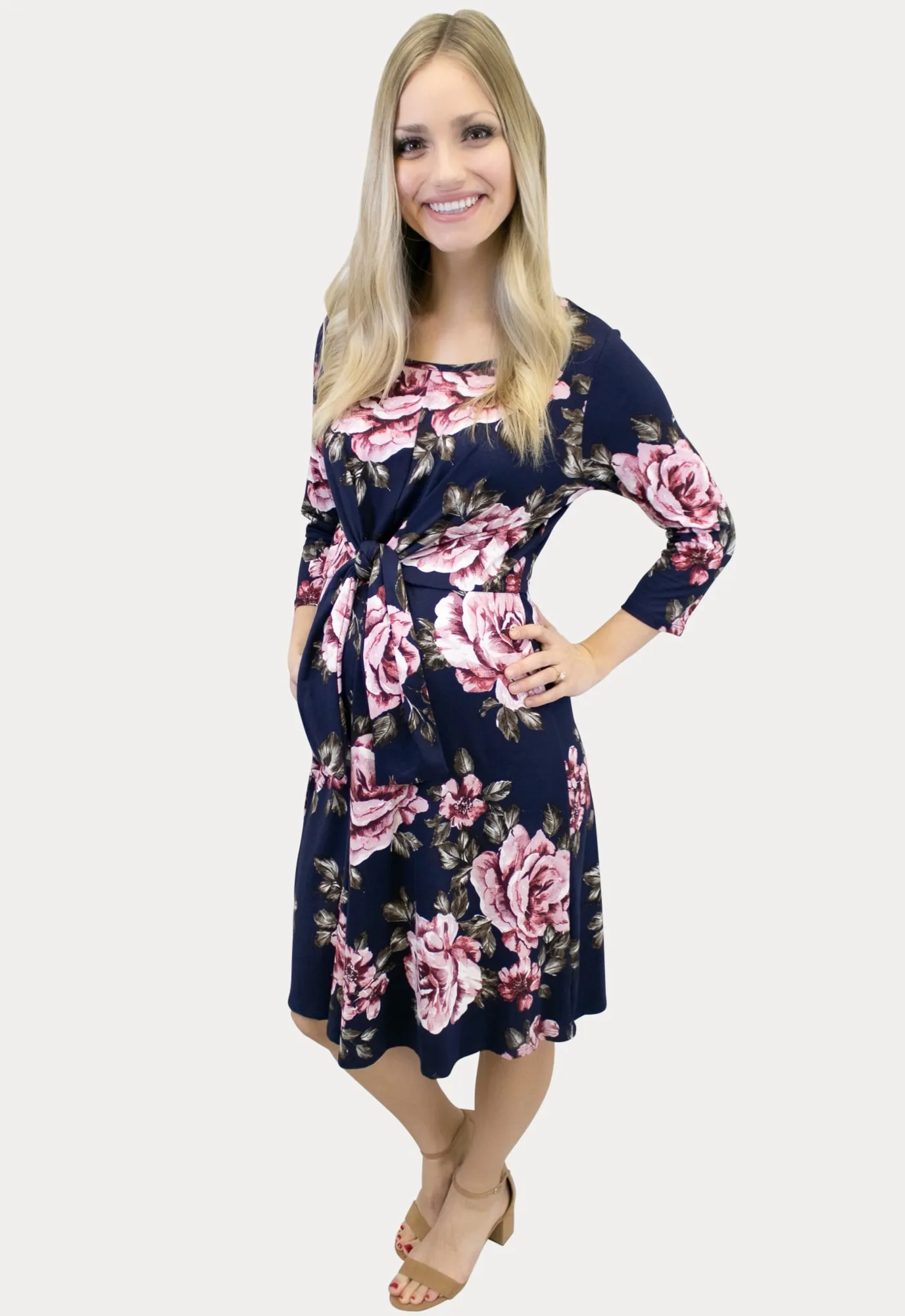 Tie Front Floral Maternity Dress in Navy