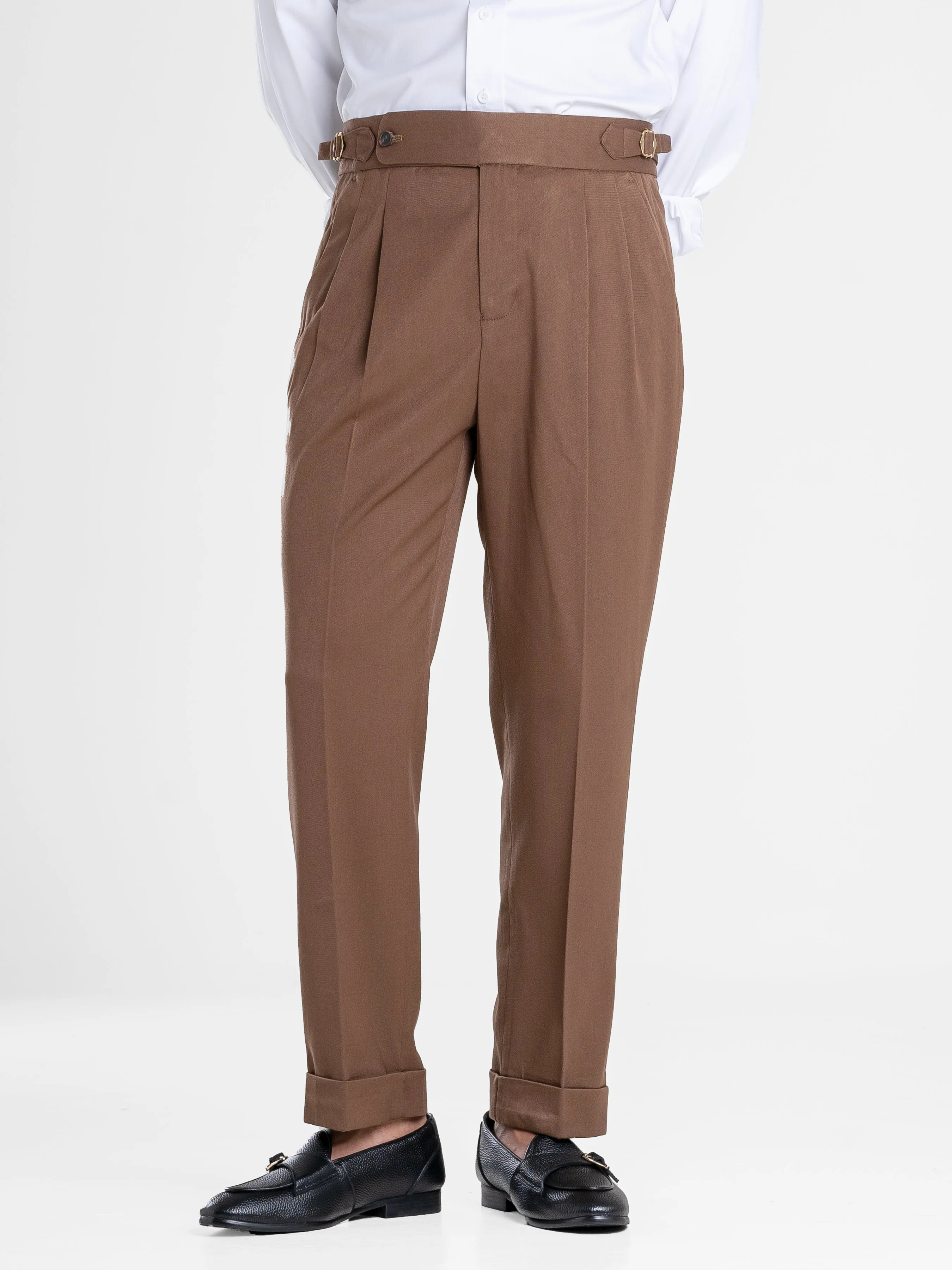 Trousers With Side Adjusters - Brown Plain Cuffed (Stretchable)