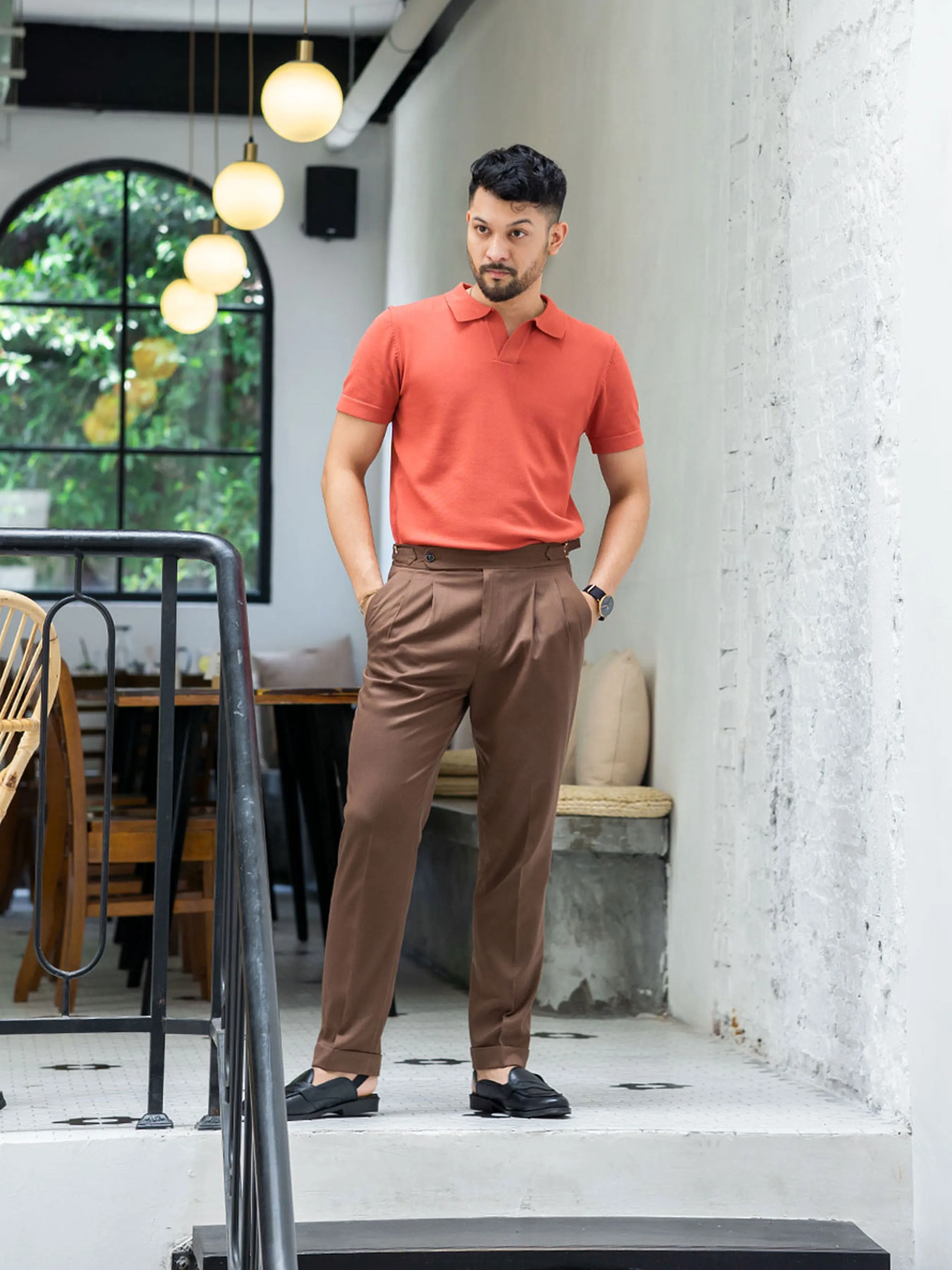 Trousers With Side Adjusters - Brown Plain Cuffed (Stretchable)