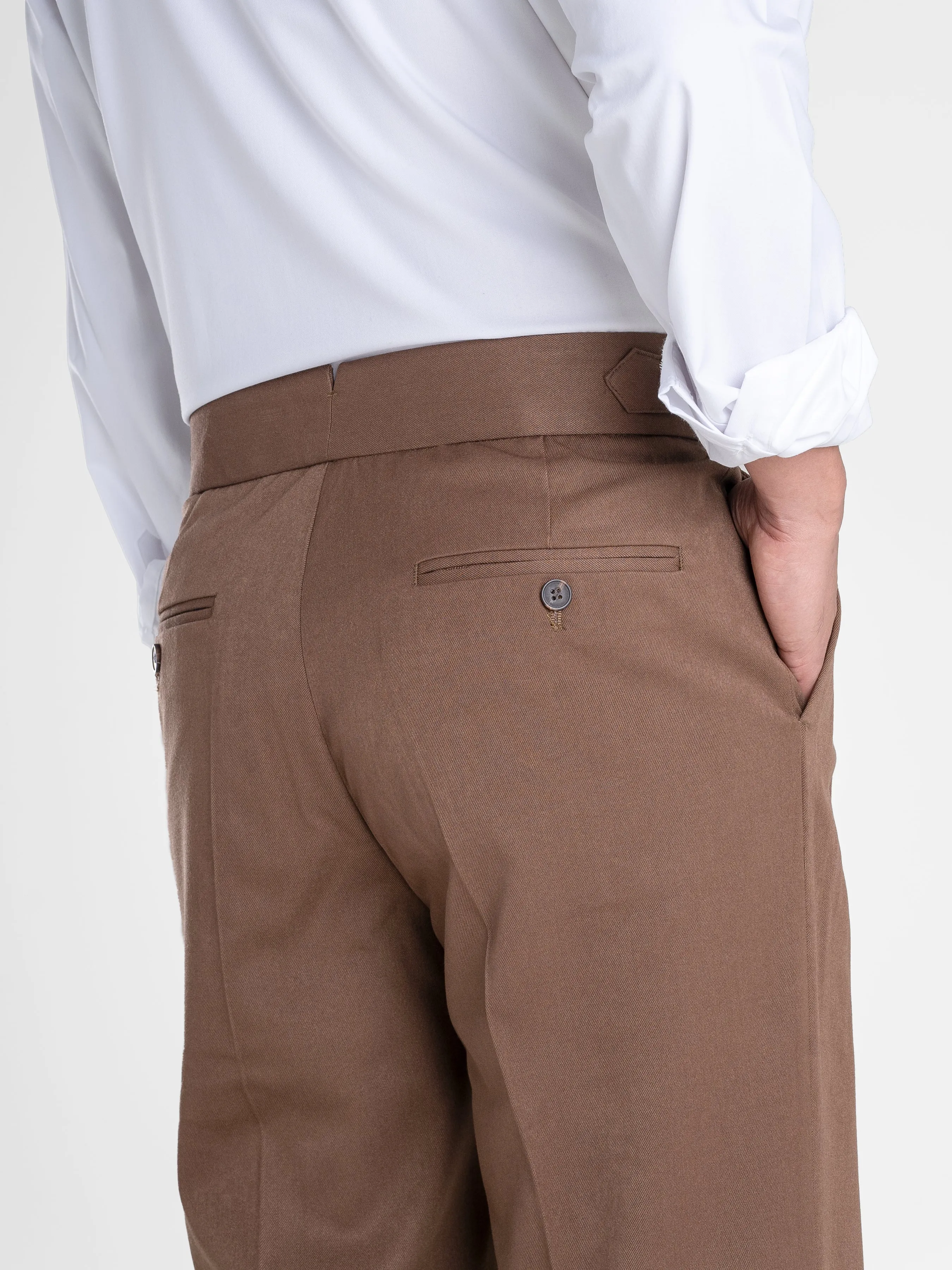 Trousers With Side Adjusters - Brown Plain Cuffed (Stretchable)