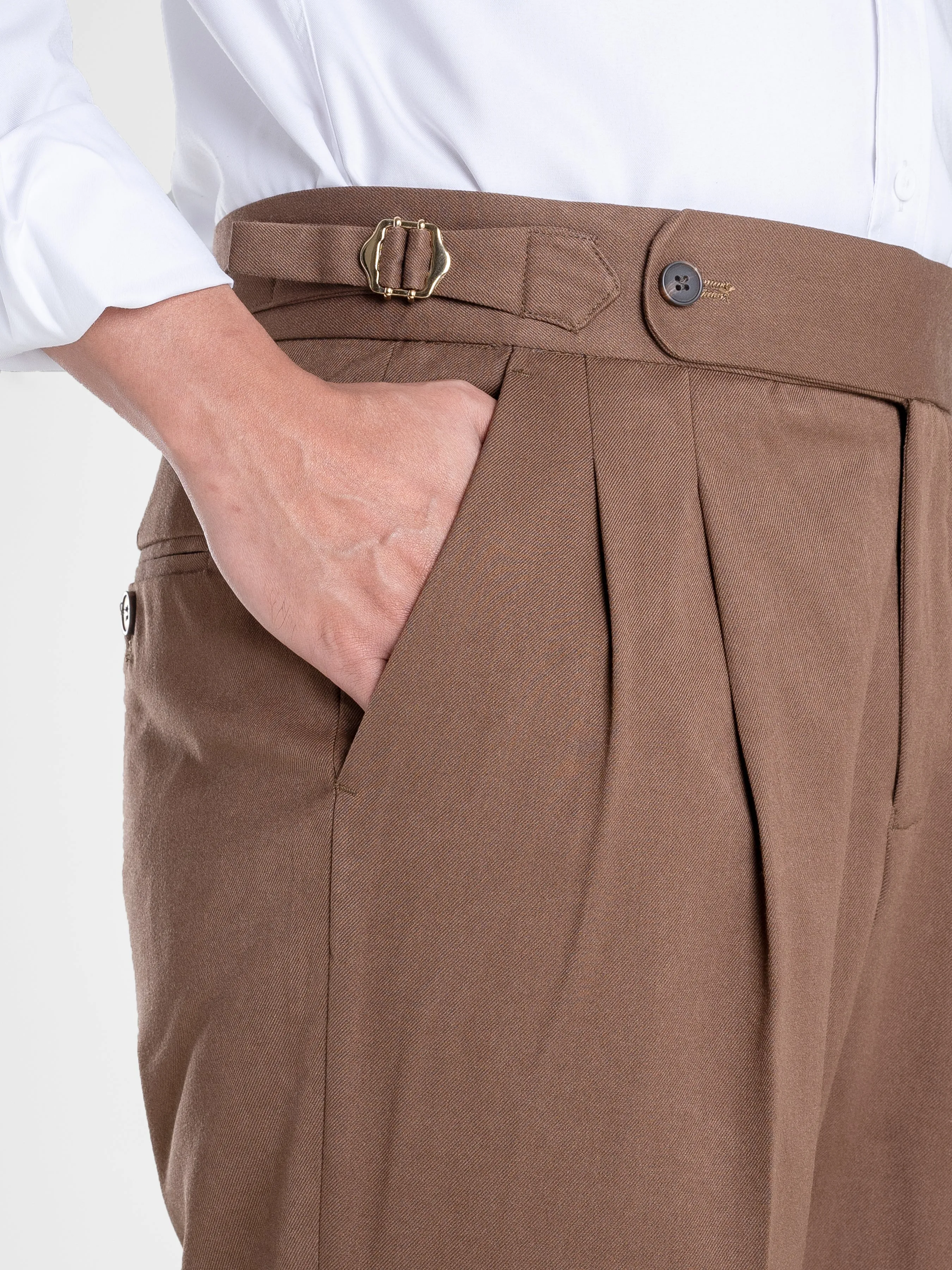 Trousers With Side Adjusters - Brown Plain Cuffed (Stretchable)