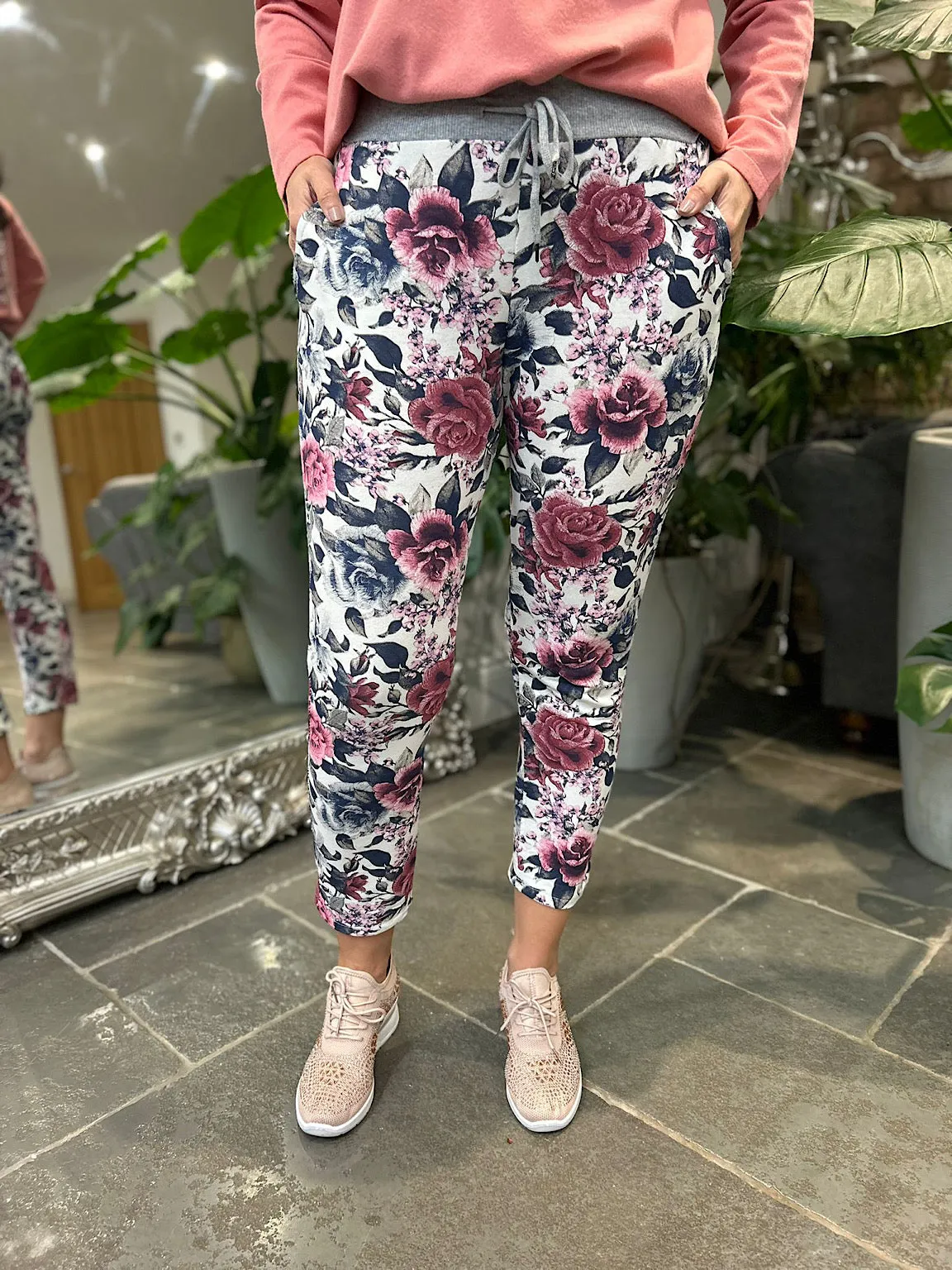 White Multi Flower Joggers