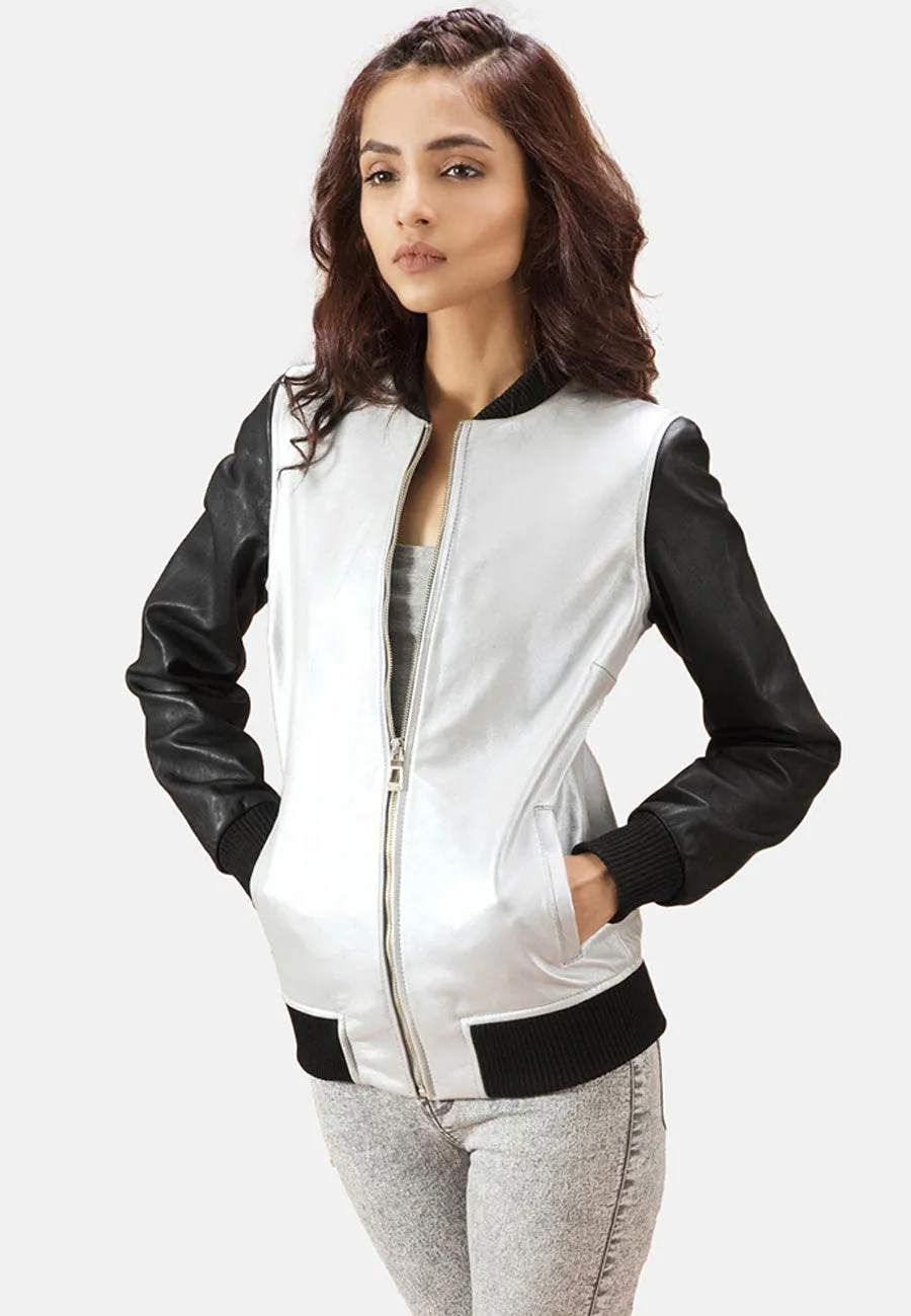 Women's Black & White Leather Bomber Jacket